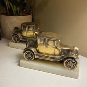 Vintage Brass Model T White Onyx Bookends